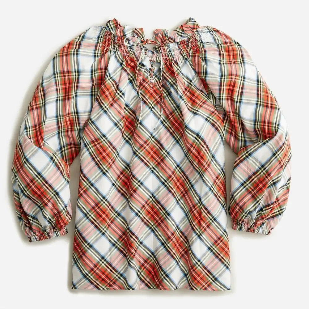 J.Crew Tartan Plaid Smocked Neck Popover Blouse Sz.XS